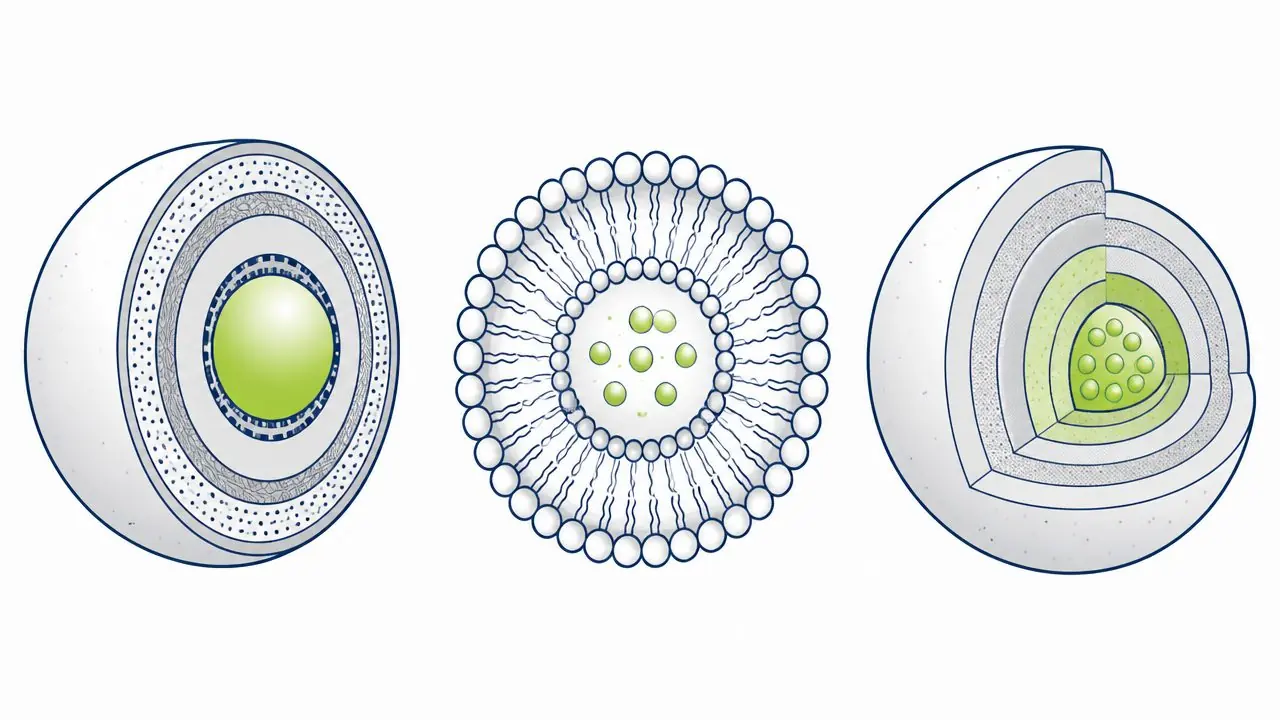Cross-section diagrams of microencapsulation, liposomal and controlled-release delivery technologies