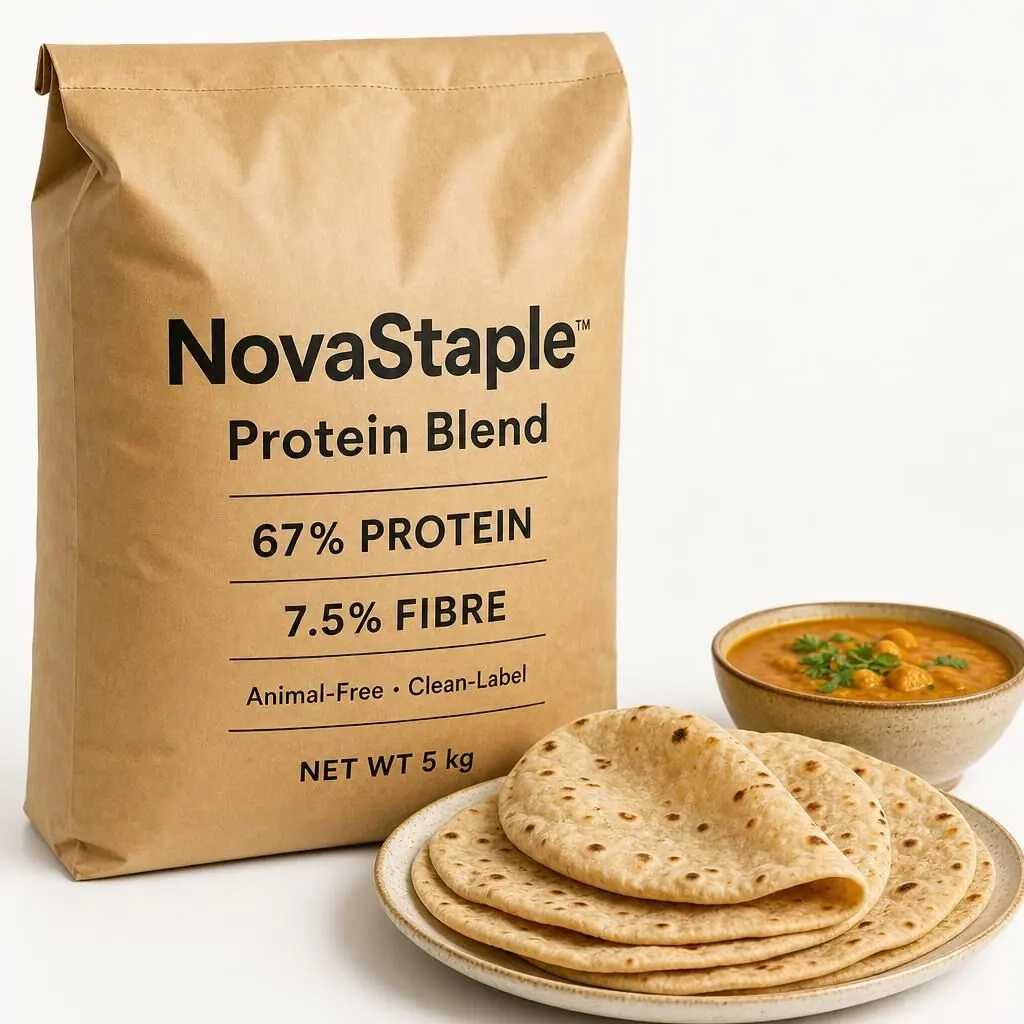NovaStaple savoury protein flour sack beside rotis, curry and snacks