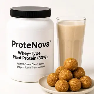 ProteNova plant protein jar with a shake and laddoos
